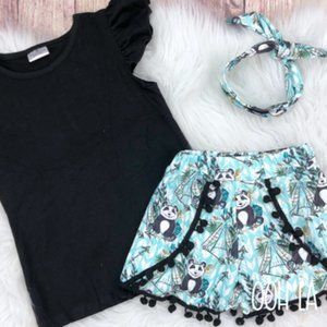 OOH LA llama panda shorts, top, & headband set
